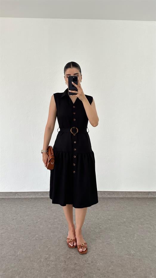 Kemerli Sıfır Kol Siyah Elbise