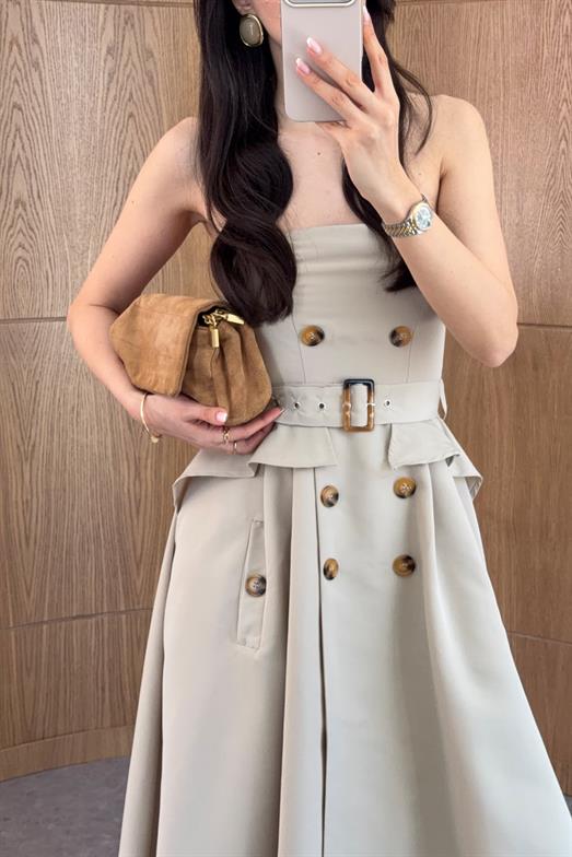 Kemerli Straplez Bej Midi Elbise