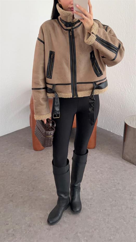 Kemerli Sütlü Kahve Deri Mont