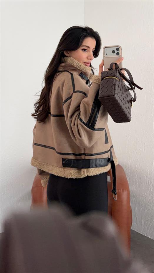 Kemerli Sütlü Kahve Deri Mont