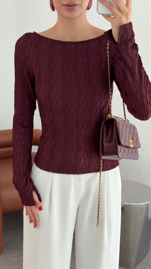 Kendinden Desenli Bordo Bluz
