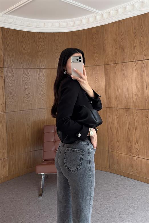 Kesik Paça Boyfit Füme Pantolon