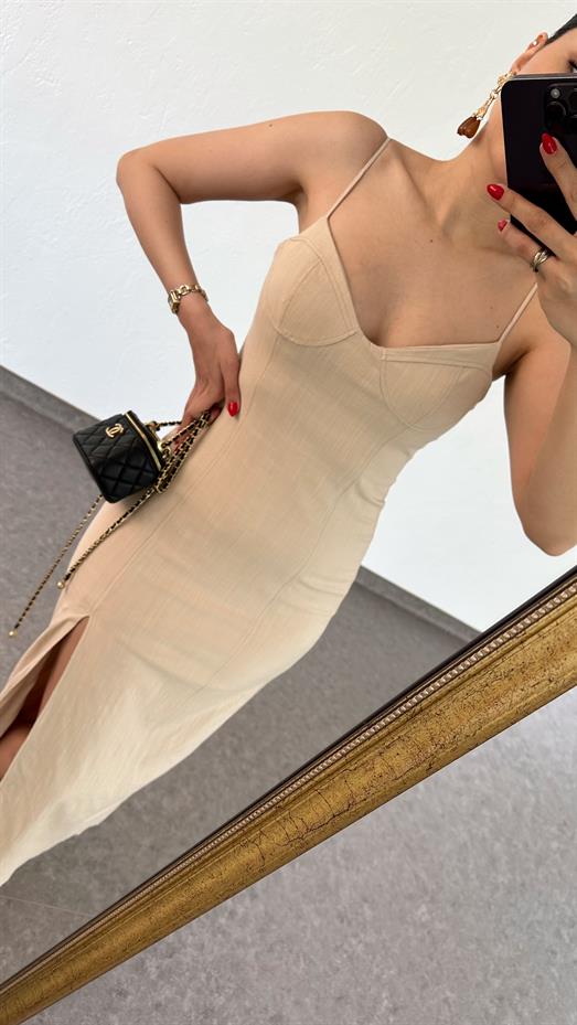 Keten Astarlı Droplu Krem Elbise