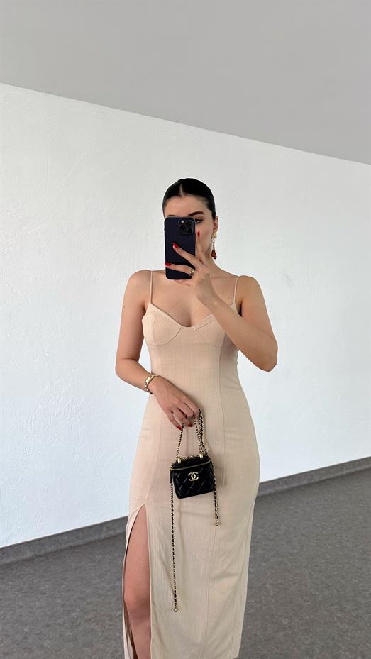 Keten Astarlı Droplu Krem Elbise