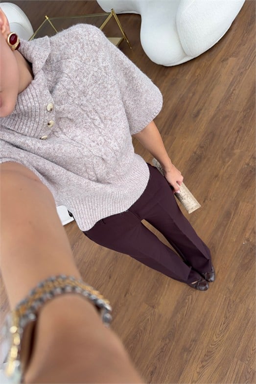 Kırçıllı Krem Retro Stil Yüksek Yaka Saç Örgü Triko Bluz