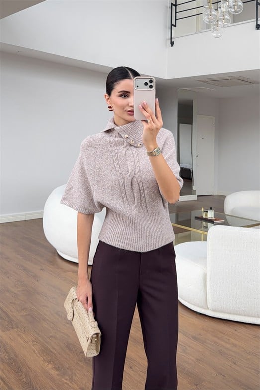 Kırçıllı Krem Retro Stil Yüksek Yaka Saç Örgü Triko Bluz