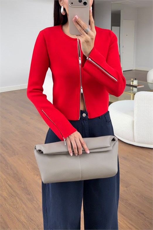 Kırmızı Çift Yön Fermuarlı Kol Detaylı Triko