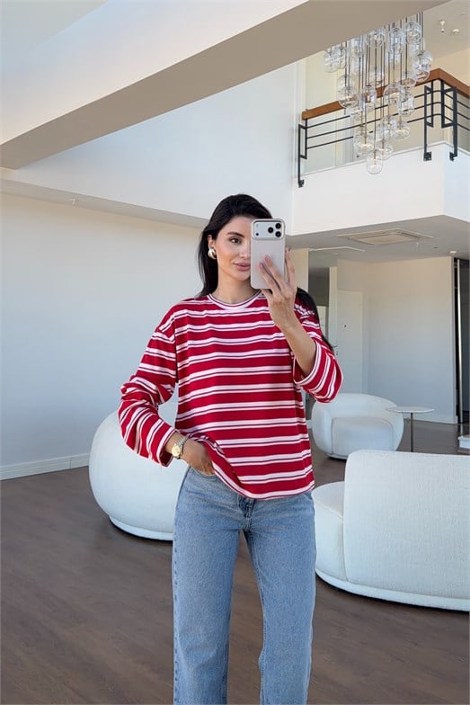 Kırmızı Çizgili Bisiklet Yaka Uzun Kollu Tshirt