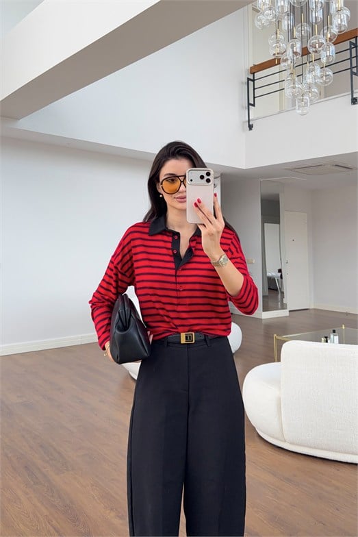 Kırmızı Çizgili Kontrast Polo Yaka Sweat