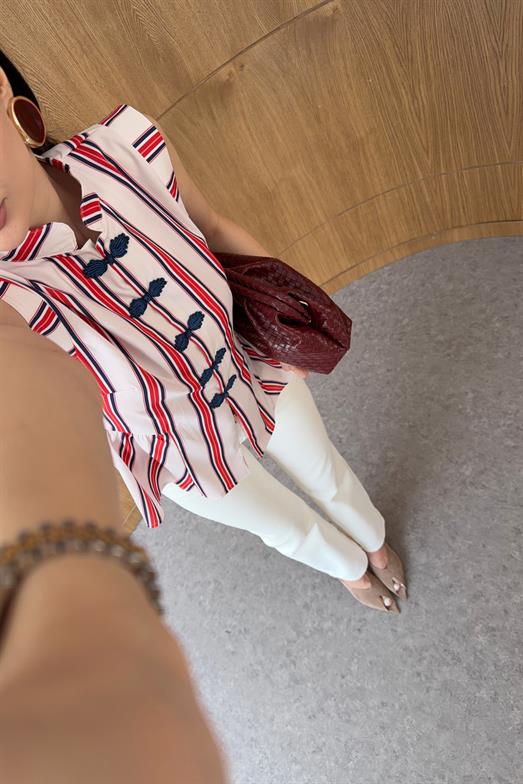 Kırmızı Çizgili Napolyon Bluz