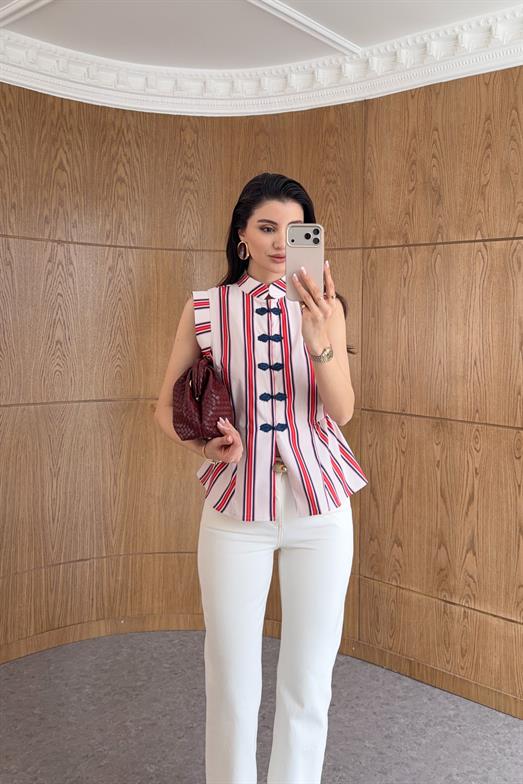 Kırmızı Çizgili Napolyon Bluz