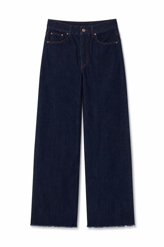 Kırmızı Dikiş Detaylı Kesik Paça Lacivert Jean