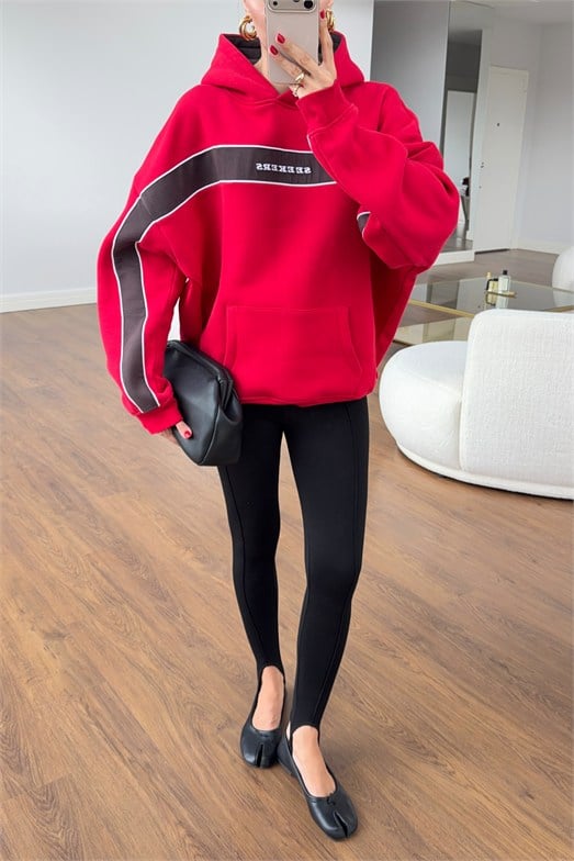 Kırmızı Şeritli Kanguru Sweatshirt