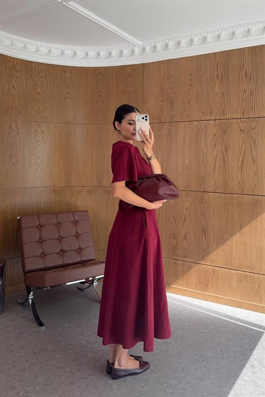 Kısa Kol Bordo Midi Elbise