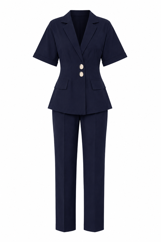Kısa Kollu Blazer-Pantolon Lacivert Takım