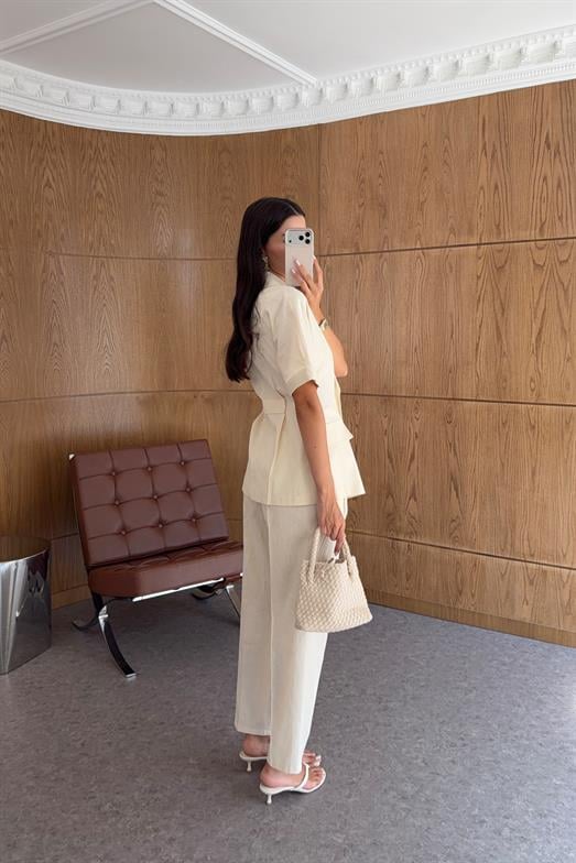 Kısa Kollu Blazer-Pantolon Sarı Takım