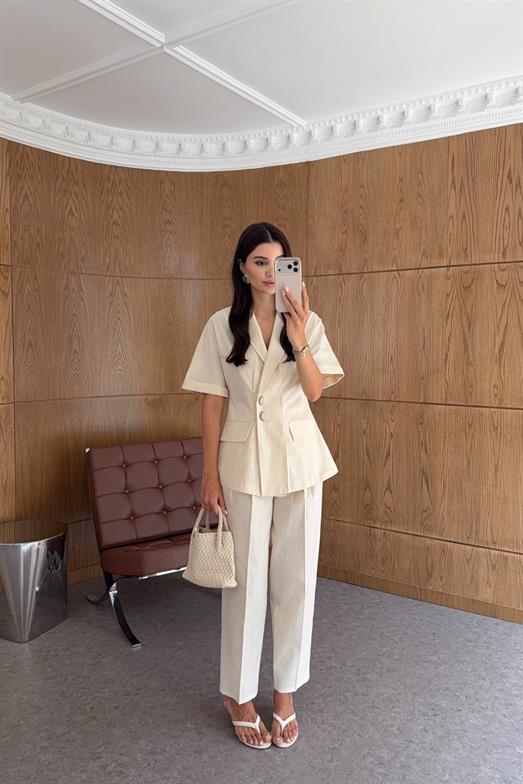 Kısa Kollu Blazer-Pantolon Sarı Takım