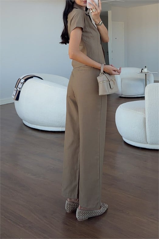 Kısa Kollu Düğmeli Ceket-Palazzo Pantolon Camel Takım