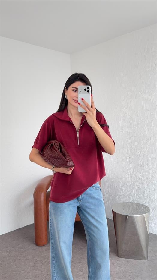Kısa Kollu Modal Bordo Sweat