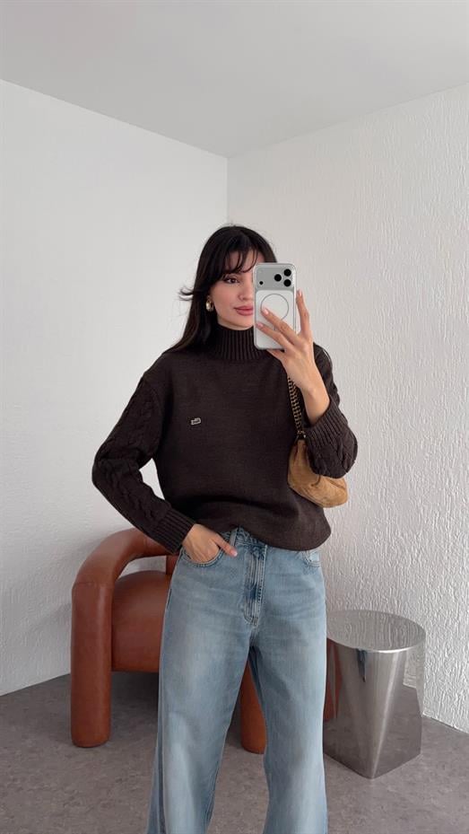 Kol Saç Örgü Kahve Kazak