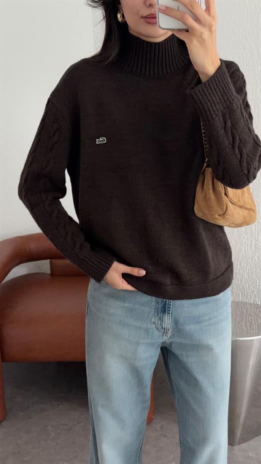 Kol Saç Örgü Kahve Kazak