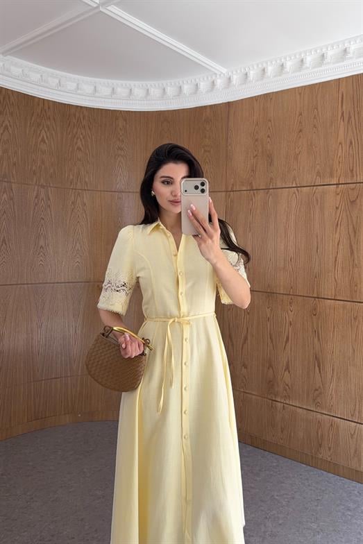 Kolları Dantel Detaylı Sarı Elbise