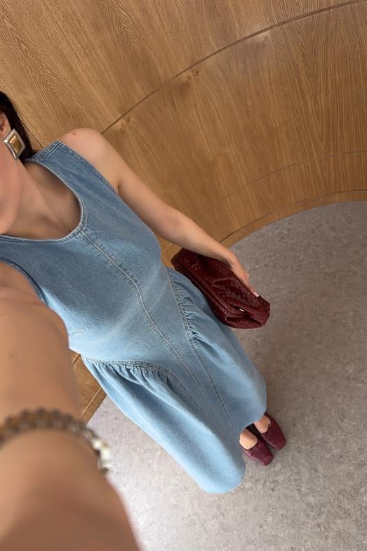 Kolsuz A Kesim Denim Mavi Elbise