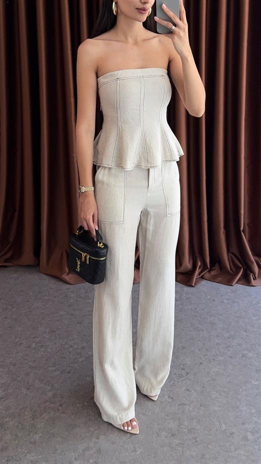 Kontrast Dikişli Bej Bluz-Pantolon Keten Takım