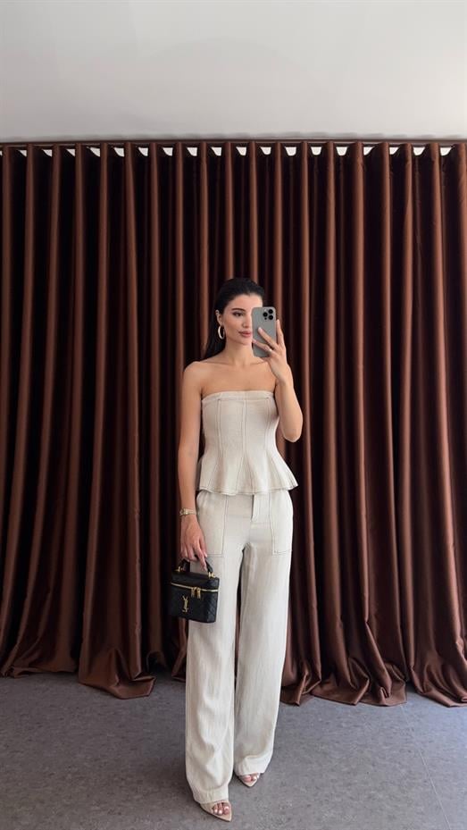 Kontrast Dikişli Bej Bluz-Pantolon Keten Takım