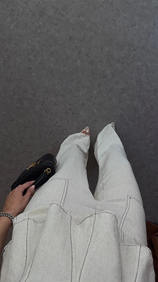 Kontrast Dikişli Bej Bluz-Pantolon Keten Takım