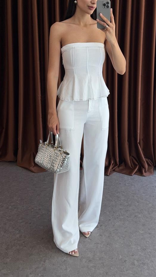 Kontrast Dikişli Beyaz Bluz-Pantolon Keten Takım