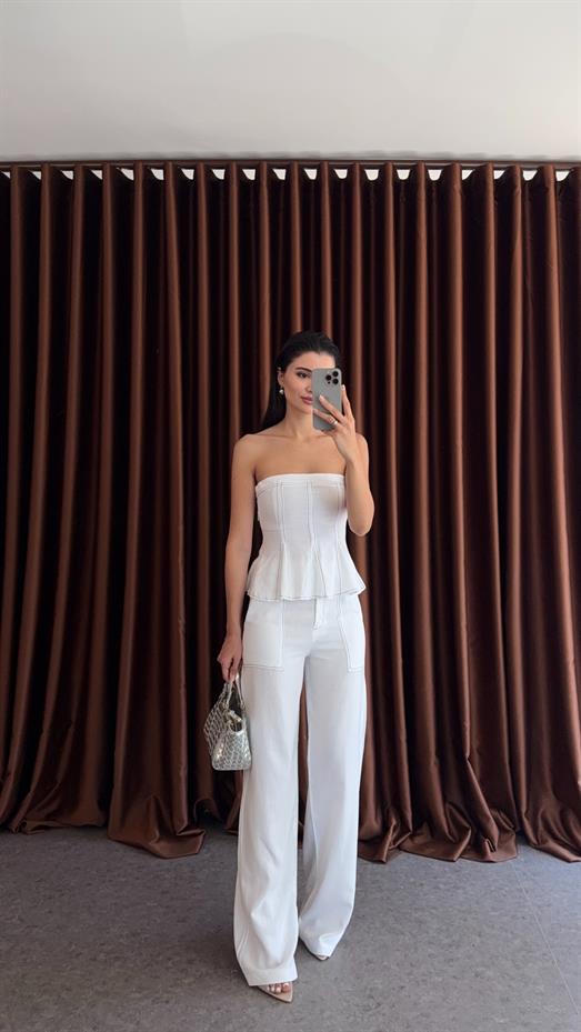 Kontrast Dikişli Beyaz Bluz-Pantolon Keten Takım