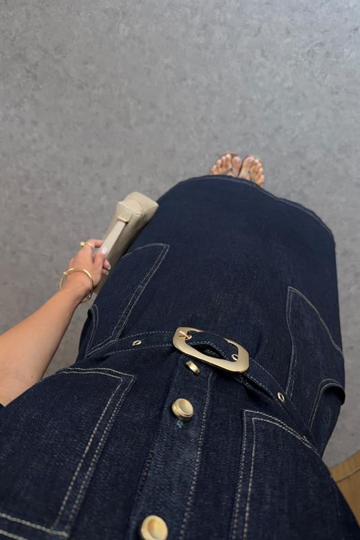 Kontrast Dikişli Kemerli Denim Elbise
