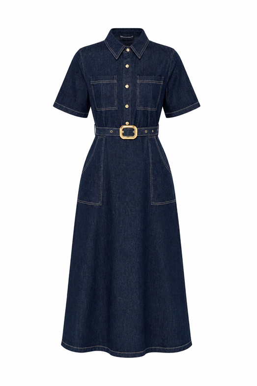 Kontrast Dikişli Kemerli Denim Elbise