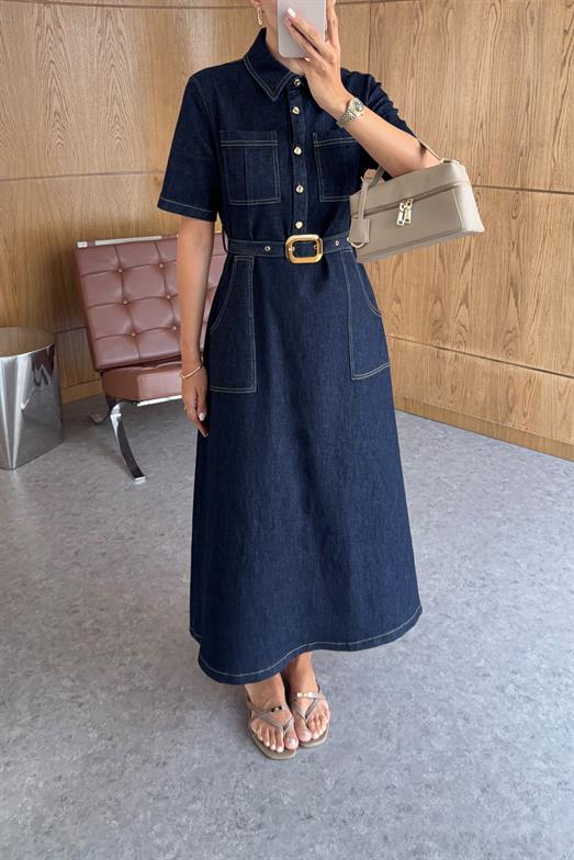 Kontrast Dikişli Kemerli Denim Elbise
