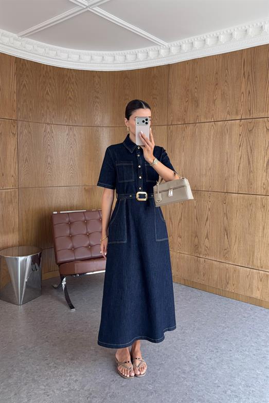 Kontrast Dikişli Kemerli Denim Elbise