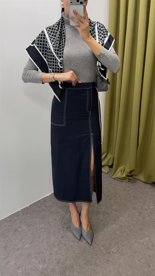 Kontrast Dikişli Yırtmaçlı Etek