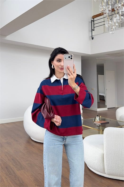 Kontrast Polo Yaka Kırmızı-Mavi Çizgili Sweat