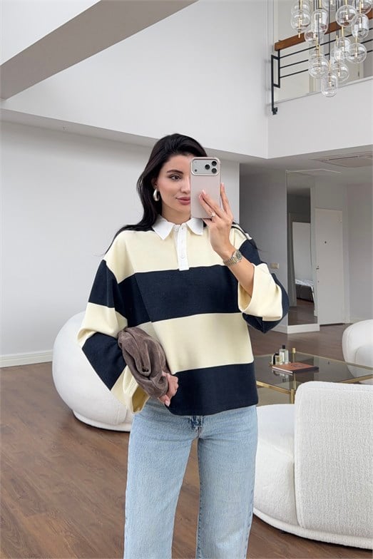Kontrast Polo Yaka Krem-Lacivert Çizgili Sweat