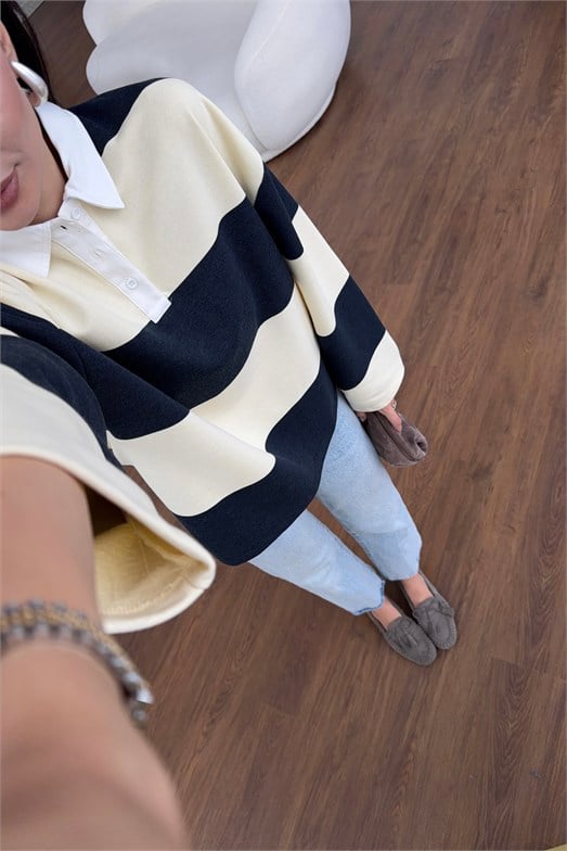 Kontrast Polo Yaka Krem-Lacivert Çizgili Sweat