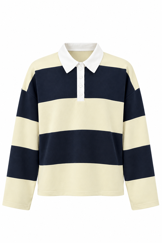 Kontrast Polo Yaka Krem-Lacivert Çizgili Sweat