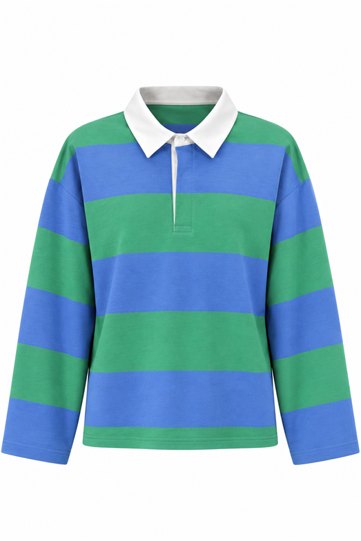 Kontrast Polo Yaka Mavi-Yeşil Çizgili Sweat