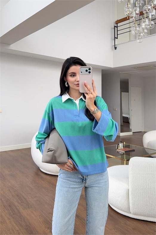Kontrast Polo Yaka Mavi-Yeşil Çizgili Sweat