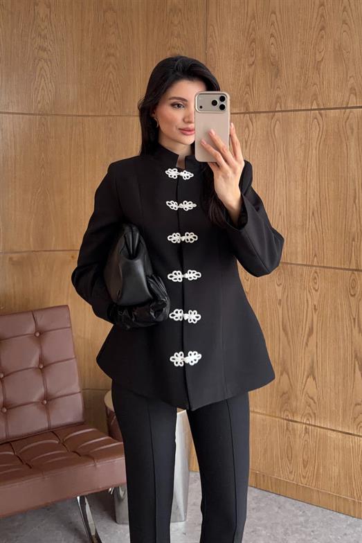 Kontrast Siyah Napolyon Ceket