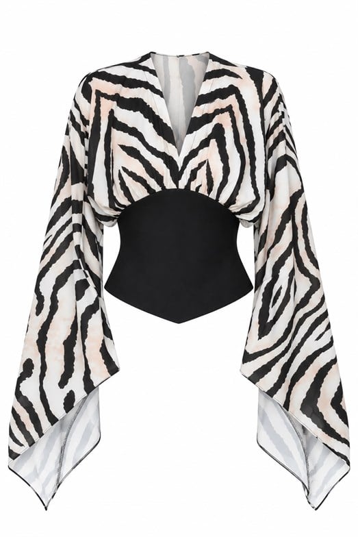 Korse Bel Detaylı Yarasa Kol Zebra Bluz