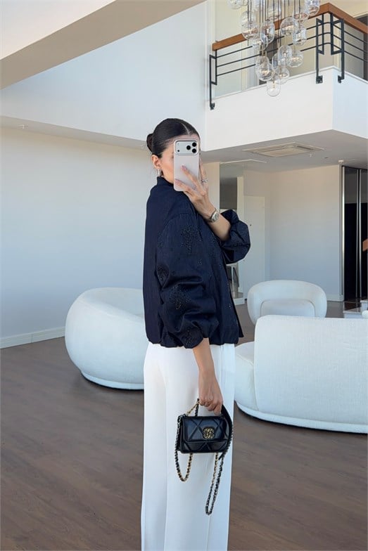 Koyu Taşlı Denim Bomber Ceket