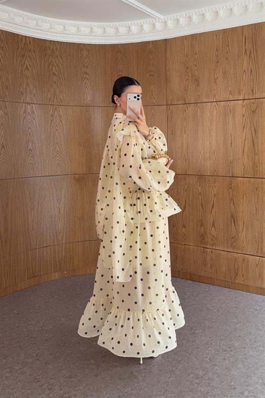 Krem Puantiyeli Gömlek-Etek Takım