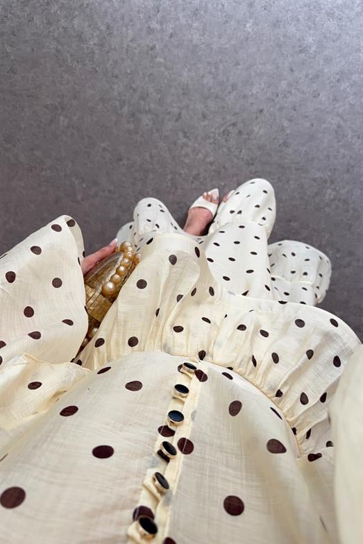 Krem Puantiyeli Gömlek-Etek Takım