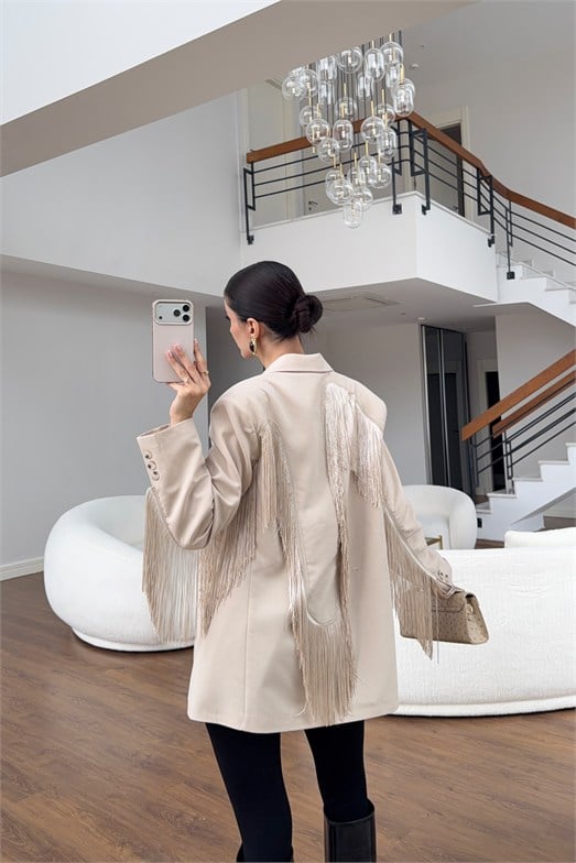 Krem Püskül Detaylı Oversize Blazer Ceket
