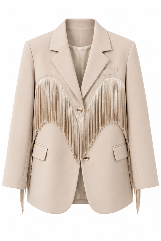 Krem Püskül Detaylı Oversize Blazer Ceket